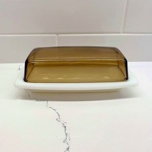 Vintage Pyrex Milk Glass Butter Dish with Amber Brown Glass Lid 72-B
